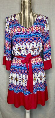 Pink Owl Apparel Large Lined Midi Dress Tribal Print Polyester Pink Blue  White | eBay