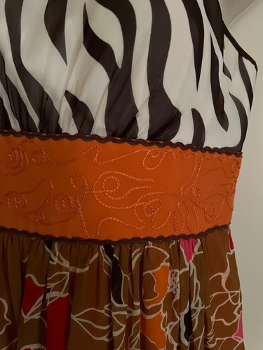 Max and Cleo Silk dress Sz 8 bra insert lined spagetti straps Brown orange print - Picture 2 of 11