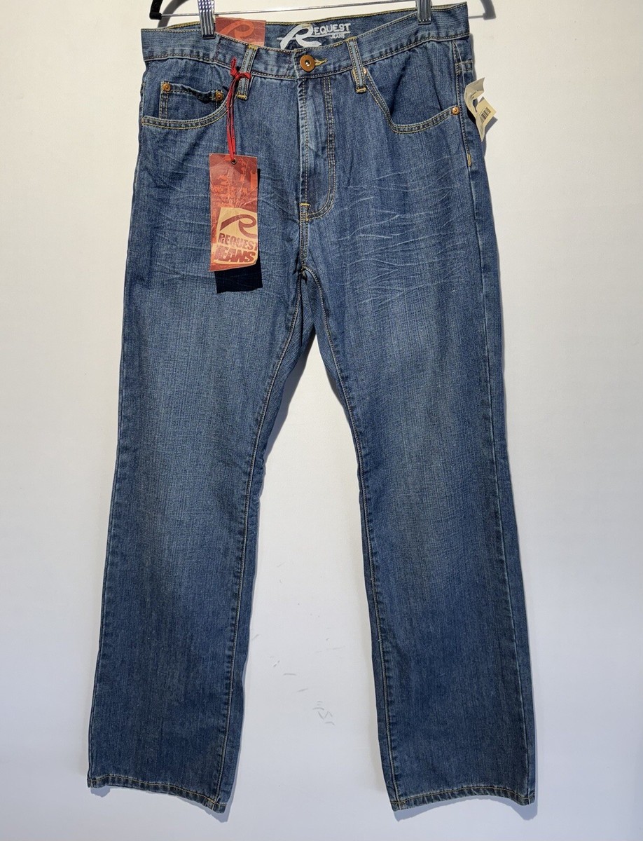 REQUEST JEANS Men's Blue Vintage Denim Pants Graphic Pocket