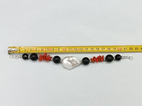 Pulsera Mujer Vero Coral Rojo Grande Perla Akoya Ónix Negro Plata 925 - Imagen 7 de 8