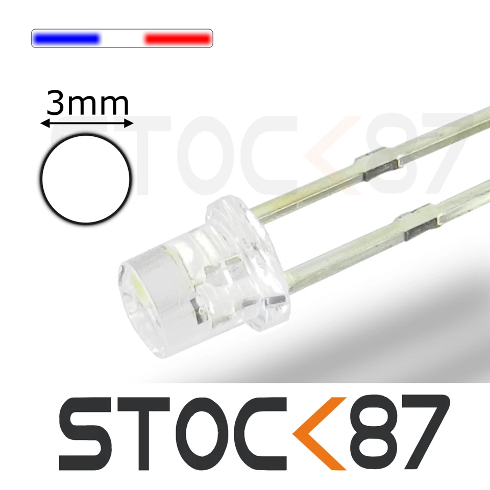 SK87 227# 10 à 100pcs LED 3mm Blanche cylindrique ----> 1200mcd - flat TOP white LED