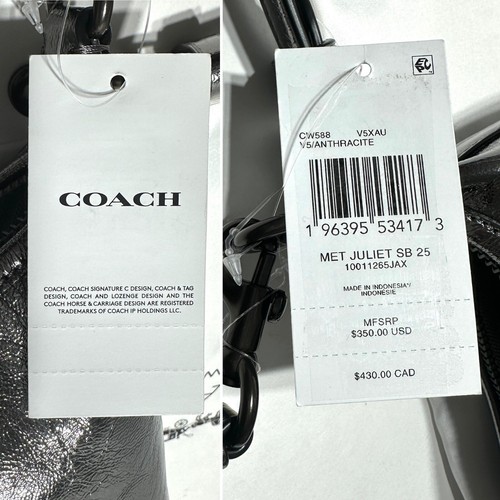 Borsa a tracolla Coach Juliet 25 in pelle metallizzata peltro/antracite nuova con etichetta CW588 - Foto 14 di 16