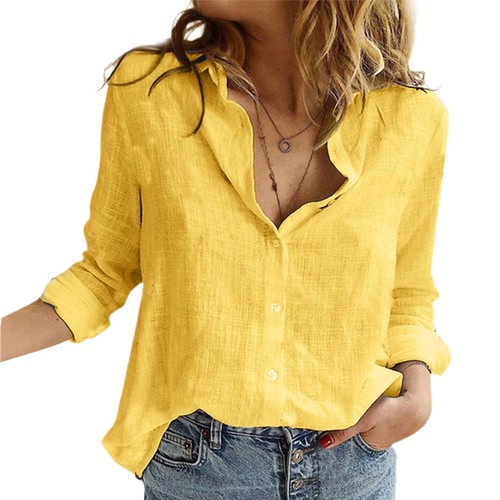 Womens Cotton Linen Plain Blouse Tops Ladies Baggy Long Sleeve Casual T-Shirt#A - Picture 21 of 24