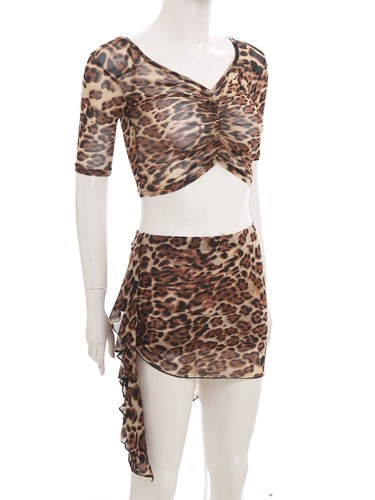 Womens Belly Dance Costume Set Leopard Print Ruched Top and Irregular Hem AU - Picture 13 of 46