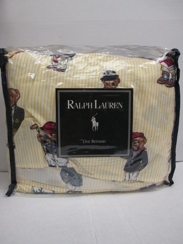 New Ralph Lauren TEDDY BEAR Yellow White Striped Ruffle Bedskirt - Cal King - Picture 3 of 7