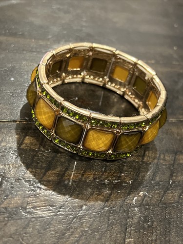 NEW~Ladies~Green & Yellow Faceted Crystal~Gold Tone Stretch Bracelet~ - Picture 5 of 5