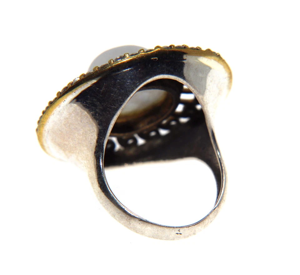 Anello argento 925 toppa zirconi anticato pietra di luna tondo misura 15 vintage - Immagine 4 di 4