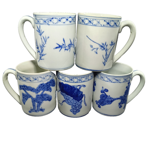 (5) Schöne blau-weiße Porzellan Kaffeetassen, seltenes Becher Set, 50er Jahre Vintage - Bild 5 von 10