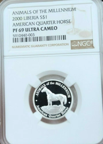 2000 LIBERIA SILVER 1 DOLLAR AMERICAN QUARTER HORSE NGC PF 69 ULTRA CAMEO TOP 