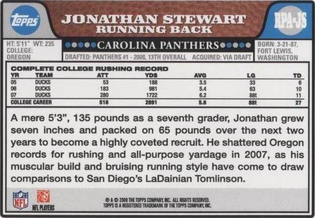 2008 Topps Jonathan Stewart #RPA-JS