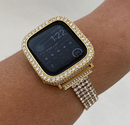 Yellow Gold Apple Watch Band 38-49mm Ultra Crystal or Apple Watch Cover Bling - Picture 2 of 9
