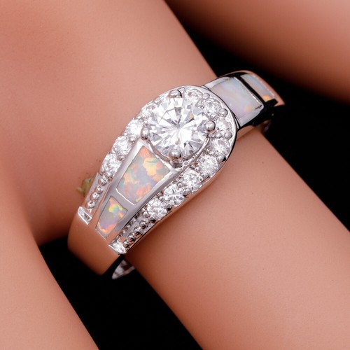 4mm Round Simulated Moissanite White Fire Opal Silver Jewelry Ring Size 7 8 9 10 - Picture 9 of 30