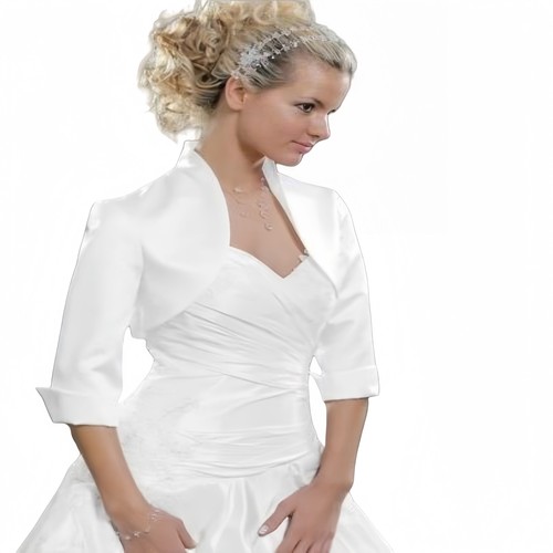 New Women Wedding Satin Bolero Shrug Bridal Prom Jacket Lace 3/4 Sleeve S-5XL - Picture 16 of 23