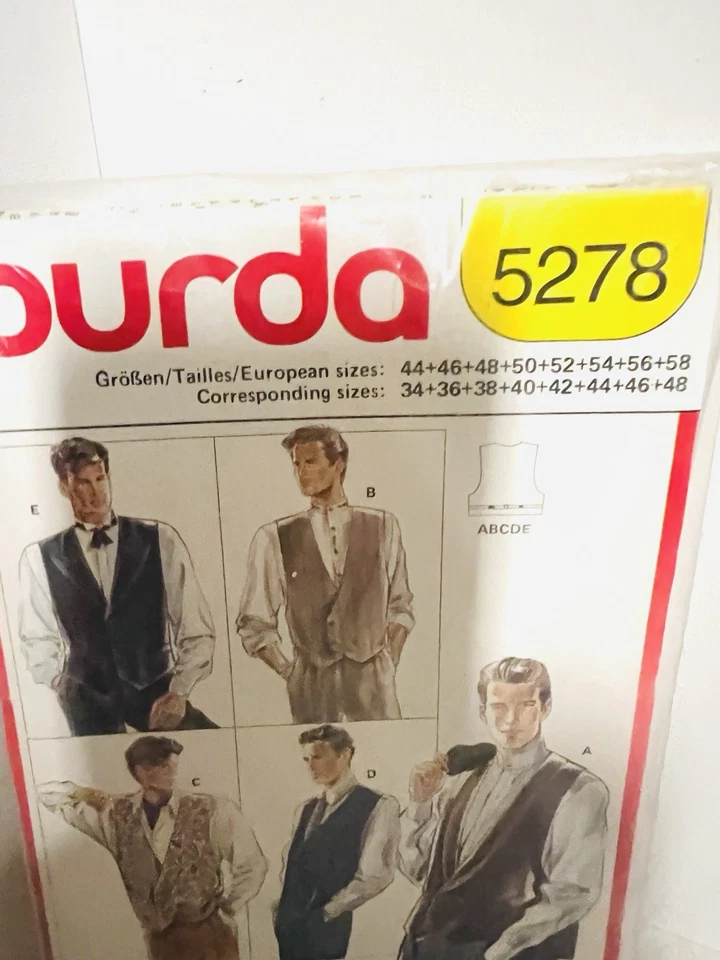 VINTAGE Burda Men's 80's Waistcoat's in 5 StylesSewing Pattern #5278 - Image 2 of 3