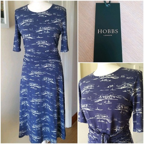 BNWT - HOBBS size 12 Blue Bayview Short Sleeve Jersey Fit & Flare Dress - Boats - Picture 12 of 12