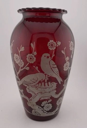 Vintage Anchor Hocking Royal Ruby R53 Hoover Glass Vase, Birds and Blossoms