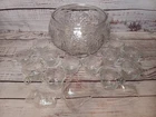 Vintage Anchor Hocking Grape Design Glass Punch Bowl 12 Cups and Hooks Ladle