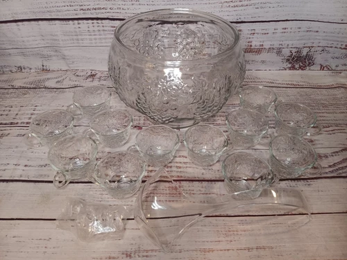 Vintage Anchor Hocking Grape Design Glass Punch Bowl 12 Cups and Hooks Ladle