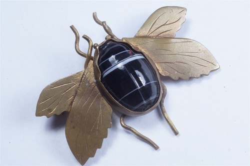 ANTIKE VIKTORIANISCHE GESCHNITZTE GEBÄNDERTE ACHAT SKARABÄUS/FLIEGENDE KÄFER BROSCHE UM 1880 - Bild 6 von 6