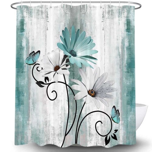 Rustic Farmhouse Shower Curtain, Farm Teal Daisy Floral Flowers and Butterfly... - Picture 2 of 10
