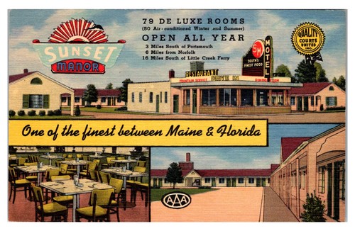PORTSMOUTH, VIRGINIA - SUNSET MANOR ROADSIDE MOTEL - VINTAGE LEINEN-POSTKARTE