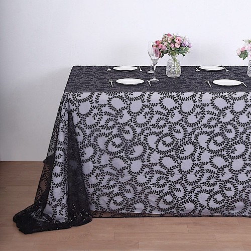 90x156" BLACK Sheer Tulle Rectangular TABLECLOTH Embroidered Sequins Party - Picture 4 of 8