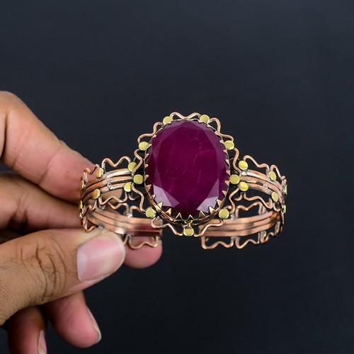 Ruby Handmade Gemstones Copper Adjustable Bangle Amazing Lab-Created Jewelry - Picture 2 of 5