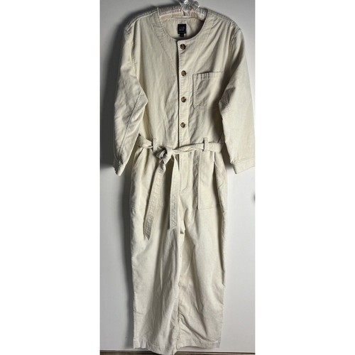 Gap Womens Cream Corduroy Belted Button Up Wide Leg Jumpsuit Size 14 Tall NEW