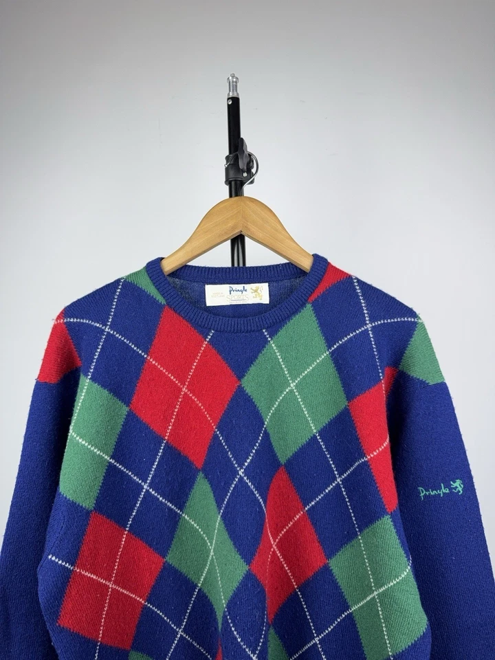 Retro 90s Vintage Pringle of Scotland Argyle Wool Sweater Men’s M Size - Image 2 of 4