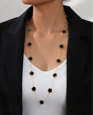 Black Five Leaf Clover Necklace 5 Leaf Clover Gold Tone Necklace 27"