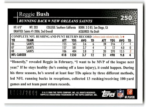 Reggie Bush 2009 Topps Football Gold /2009 #250 New Orleans Saints - Picture 2 of 2