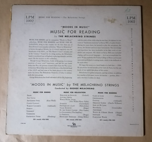 THE MELACHRINO STRINGS : Music For Reading LP 33T 1952 Moods RCA VICTOR LPM 1002 - Picture 2 of 2