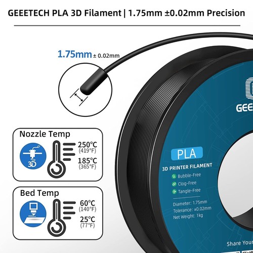 NEW Geeetech 3D Printer Filament PLA 1KG 1.75mm Black High Quality PLA Filament - Picture 4 of 10