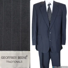 GEOFFREY BEENE~MINT!!~DK CHAR GRAY PINSTRIPE WOOL MENS 48L PLT'D PANTS 40X32.5