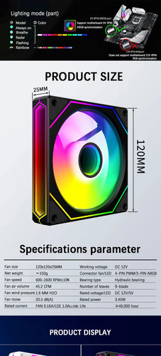 12CM Computer Chassis Fan,Infinite Prism ARGB Fan/3 Mirror Surfaces/4 Pin PWM - 第 19/28 張圖片