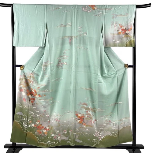 JAPANESE KIMONO HOMONGI BLUE-GREEN 156cm 5 ft 1 in PURE SILK B2972