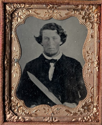 Civil War 1/9 Plate Tintype Rebel Armed D Guard Bowie Knife Period Copy Plate - Bild 1 von 3