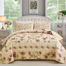 Beige Quilt Set Queen Size, 3PCs Antique Rose Beige Bedspread Coverlet Set, L...