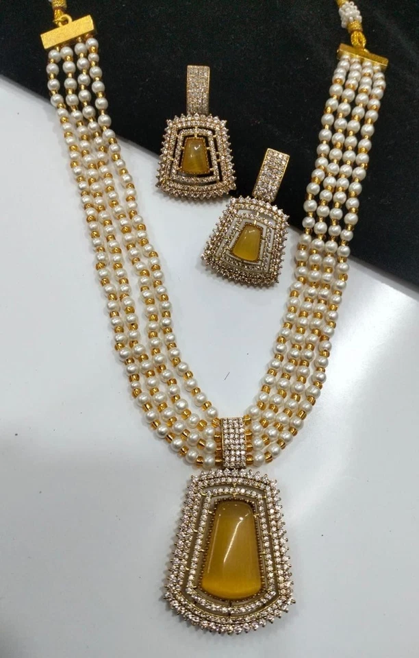 Conjunto de collar Kundan tradicional indio de perlas largas enchapado en oro joyería de boda Foto 2 de 4