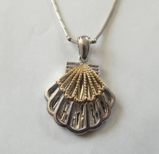 Sterling Silver & 14k Gold Scallop Sea Shell Pendant 15" Necklace