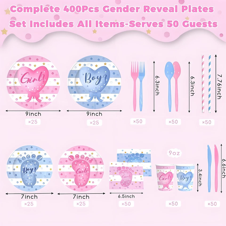 400PCS Gender Reveal Plates and Cups and Napkins Sets with Forks, Straws, Spo... - Image 2 of 4