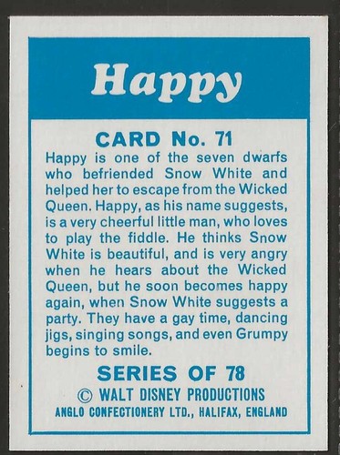ANGLO-WALT DISNEY CHARACTERS 1971-#71- HAPPY - MINT CARD!! - Picture 2 of 2