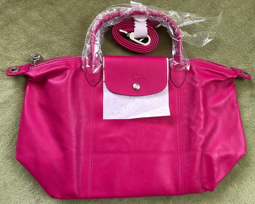 NIB Longchamp Le Pliage Cuir M Leather Zip Tote Shoulder Bag Cyclamen Pink New - Picture 15 of 16