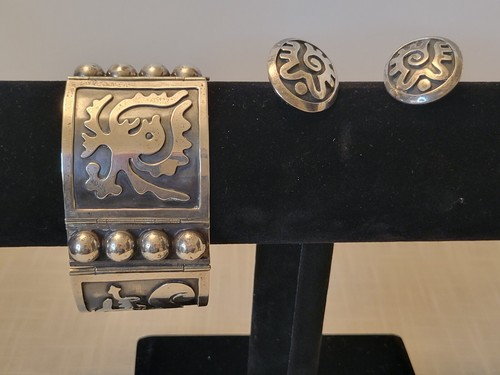 Vintage Mexiko Sterlingsilber Armreif Armband & Schraubverschluss Ohrringe Kunsthandwerk Schmuck  - Bild 2 von 18