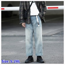 Mens Wide Leg Vintage Denim Pants Straight Washed Jeans Casual Trousers