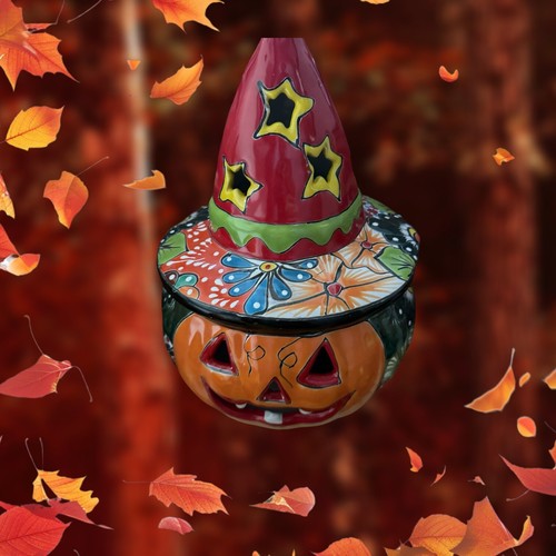Talavera pumpkin with hat Jack o lantern candle holder Halloween pumpkin - Picture 6 of 10