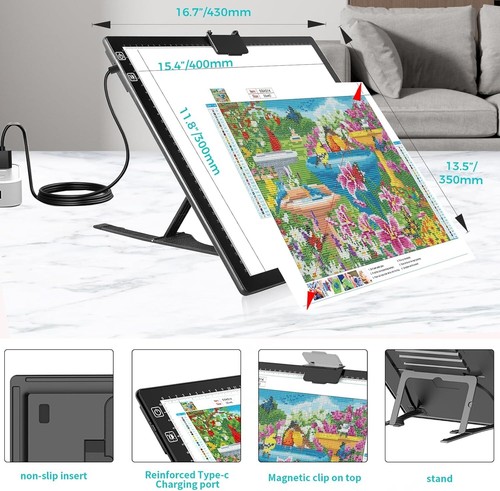 A3 LED Diamond Art Light Board,Tracing Light Box with Stand and Clip,3 Colors Mo - Picture 5 of 7