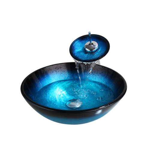 Blue&Black Bathroom Glass Round Sink Washing Bowl Waterfall Faucet Set Mixer Tap - Picture 10 of 12