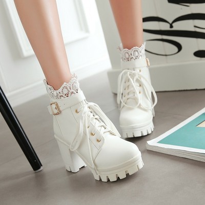 Womens Platform Lace Up Ankle Boots Girl Chic Lace High Block Heel Shoes Party L