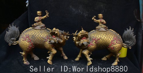 14.8" Old Chinese Bronze Painting Tongzi Kylin Unicorn Qilin Beast Pot Tank Pair